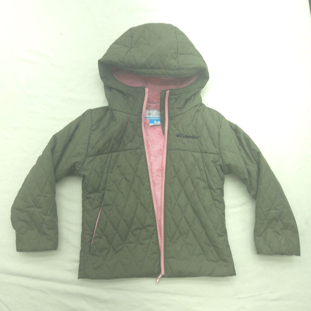 Columbia Girls XXS 4/5 Green Quilted Jacket Pink Fleece Lined Hooded Coat
